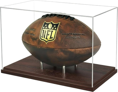 Happyseason Football Display Case, Walnut Wood Base, One-Piece Acrylic, Stainless Steel Rods, Clear Signed Football Holder, Full Size Autograph Football Display Stand, No Assembly Needed