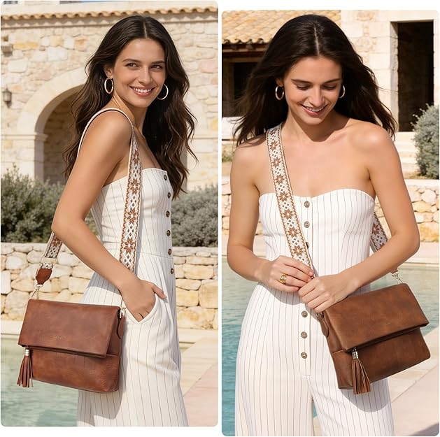 HILAEX Leather Crossbody Bag for Women Shoulder Handbag Multiple Pockets Adjustable Guitar Strap Tassel Trendy Travel