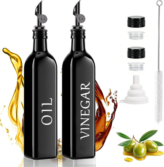 Oil and Vinegar Dispenser Set of 2, 17oz/500ml Extra Thick Glass Oil & Vinegar Cruet with Stainless Steel Pourer, Leak‑Proof Spout, Funnel & Cleaning Brush for Kitchen Cooking (Black)