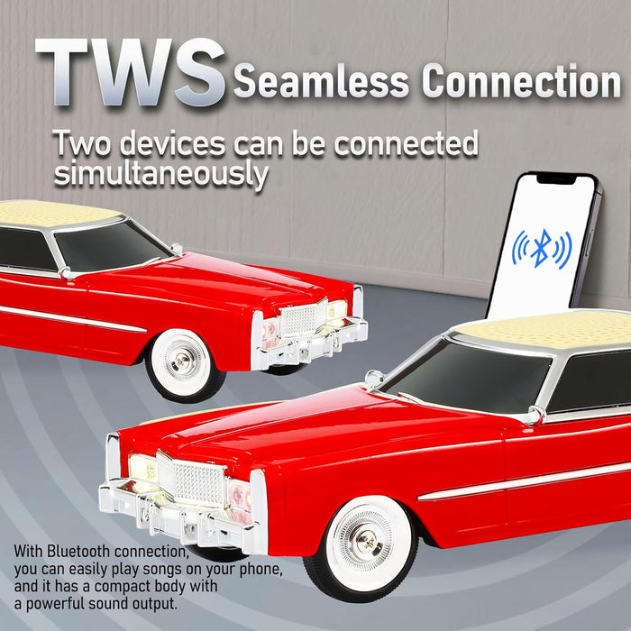 WS-1966 Retro Sedan Bluetooth Car Replica Speaker – HD Stereo, TWS, FM, USB/TF, LED Lights, Type-C – Portable Model Car Speaker with Mic for Office, Outdoors & Gifts(Red)