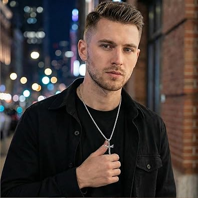 Dagger Cross Necklace for Men Stainless Steel Deer Antler Pendant Necklace Hunting Jewelry Birthday Gifts for Father Husband Brother 22+2”