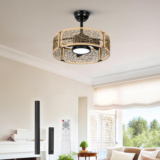 TALOYA 20 Inch Caged Ceiling Fans with Lights Chandelier Remote Control Flush Mount Low Profile for Bedroom Living Room Patio,Reversible,Buzzer Mute,Dimmable Led Light Included,Fandelier,Oak