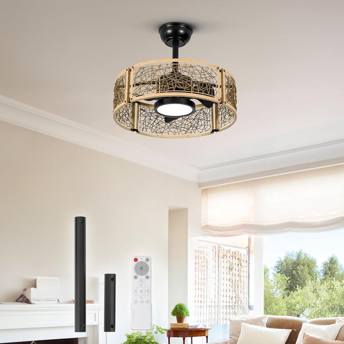 TALOYA 20 Inch Caged Ceiling Fans with Lights Chandelier Remote Control Flush Mount Low Profile for Bedroom Living Room Patio,Reversible,Buzzer Mute,Dimmable Led Light Included,Fandelier,Oak