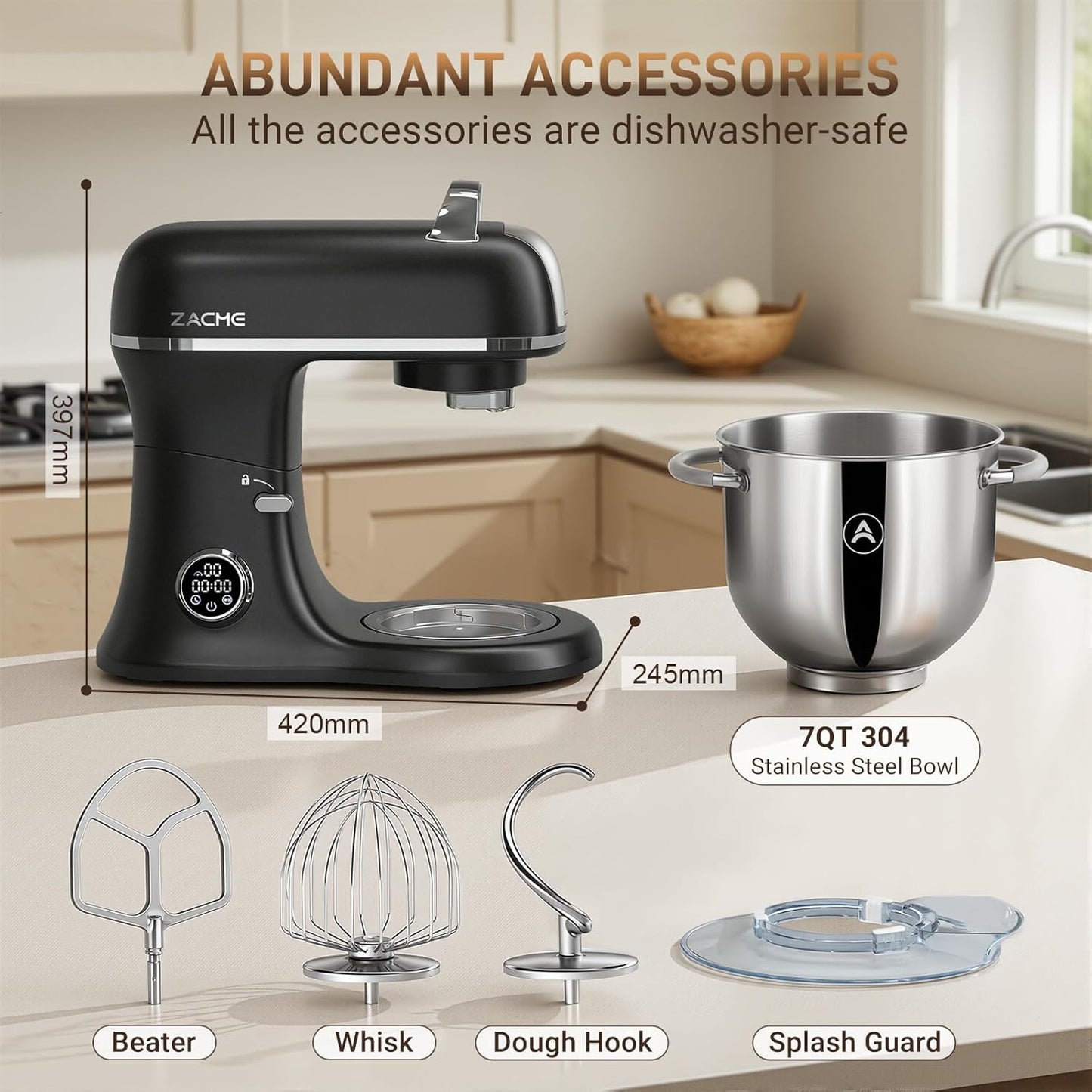 Zacme 7 Quart Stand Mixer Aluminum Die Casting, 650W 12 Speed Tilt-Head Kitchen Electric-Black Stand Mixer, Household Food Mixer with Stainless Steel Bowl, Dough Hook, Whisk and Beater (Black)