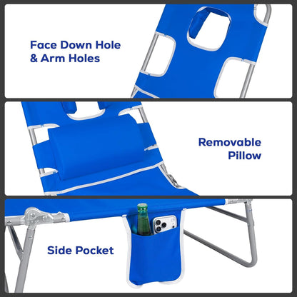 Romswi 2PK Folding Tanning Beach Chair with Face Hole & Canopy Shade, 5-Position Reclining Sun Lounger, Portable Face Down Tanning Chair with Arm Holes & Side Pocket for Beach, Pool & Patio,Royal Blue