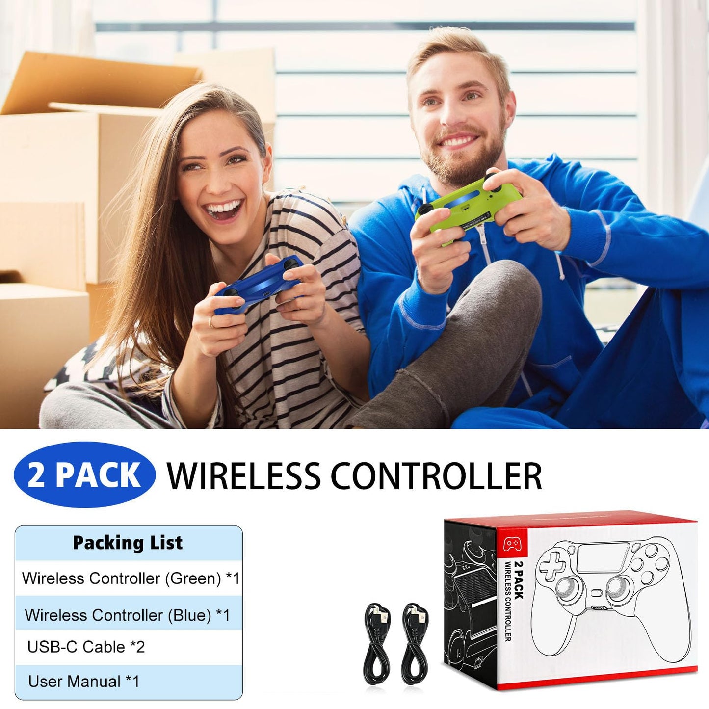 SHINXIN 2 Pack Wireless Controller Compatible with PS4/Slim/Pro/PC with Dual Vibration/3.5mm Audio/Type-C Port and 2 pcs Type-C Cable