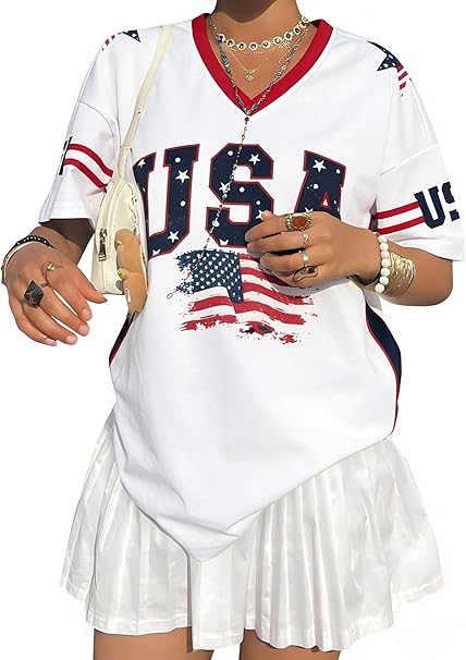 LUKYCILD USA Jersey Shirts for Women Oversized Patriotic Tshirt 4th of July Outfits American Flag Graphic Tee V Neck Y2K Tops