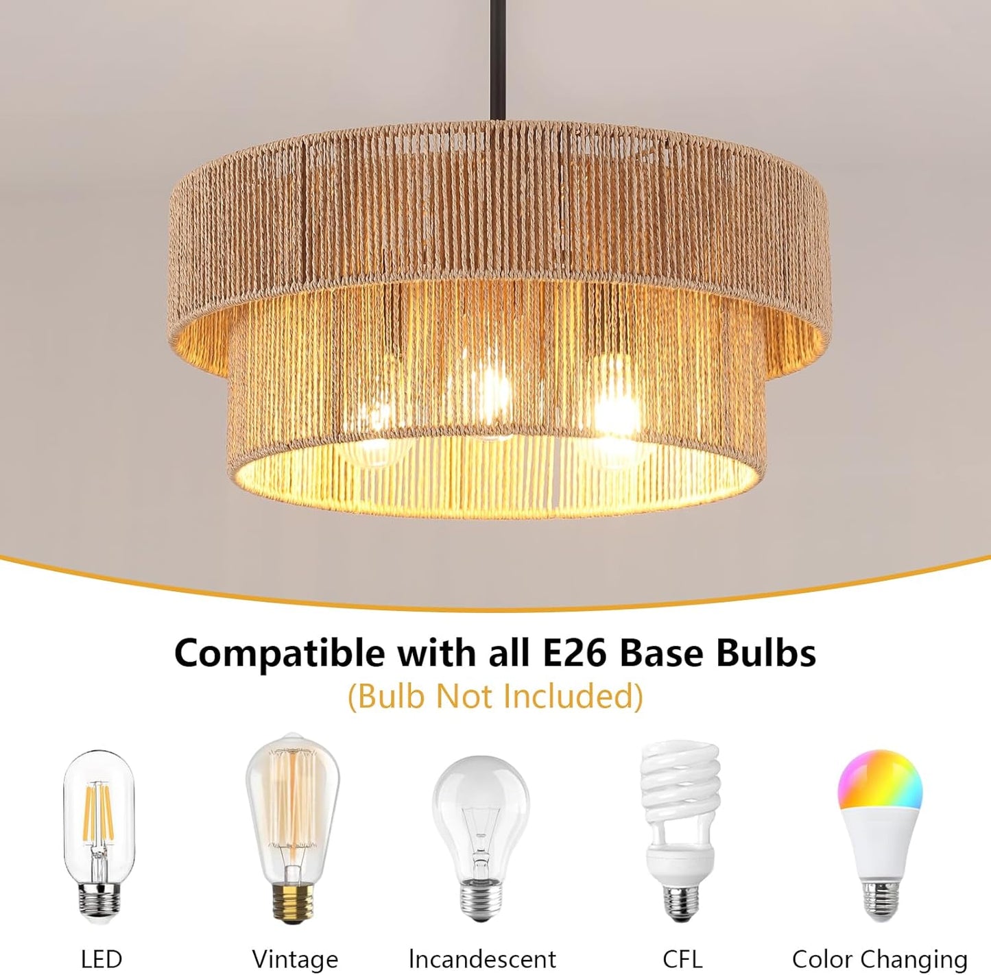 ZGKUYD Brown Boho Woven Rattan Chandelier, Adjustable Black Rod 2-Tier Drum Hanging Light, Brown Pendant Light for Dining Room/Kitchen Island