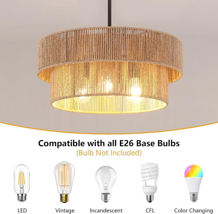 ZGKUYD Brown Boho Woven Rattan Chandelier, Adjustable Black Rod 2-Tier Drum Hanging Light, Brown Pendant Light for Dining Room/Kitchen Island