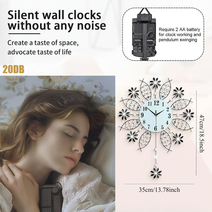 Decorative Wall Clock for Living Room Decor Big Luxury Black Modern Crystal Wall Clock with Pendulum Battery Operated Non-Ticking Large Silent Metal Clock for Kitchen Office Bedroom