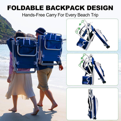 Romswi Extra Wide Beach Chair with Canopy Shade, 1 Pack Aluminum Folding Chairs with Detachable & Adjustable Umbrella, 5-Position Lay Flat, Cooler Bag, Cup & Phone Holder, Towel Bar, Royal Blue