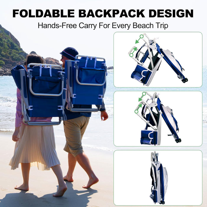 Romswi Extra Wide Beach Chair with Canopy Shade, 1 Pack Aluminum Folding Chairs with Detachable & Adjustable Umbrella, 5-Position Lay Flat, Cooler Bag, Cup & Phone Holder, Towel Bar, Royal Blue