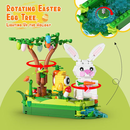 Easter Egg Hunt Bunny Building Rotate Toy Set - Movable Ears Forest Base Running Water Rotating Mechanism to Rotate Bunny Tree, Chick Rabbit Festival Decoration Gifts for Kids Adults Boys Girls 8+