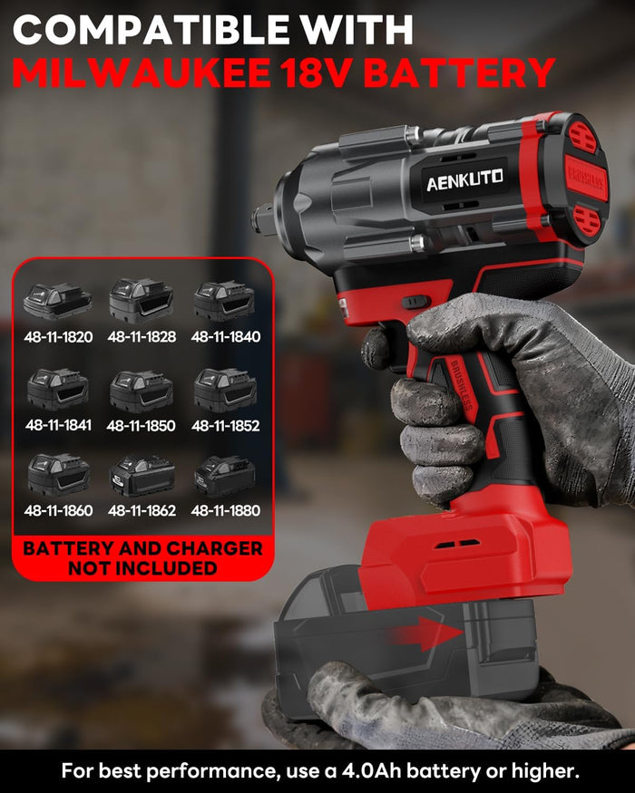 Cordless Impact Wrench for Milwaukee 18V,1500Nm (1106 Ft-Lbs) 1/2" Brushless Impact Gun, LED Work Light, 3-Speed High Torque Power Tool for Tire Removal, Rusted Bolts (No Battery)