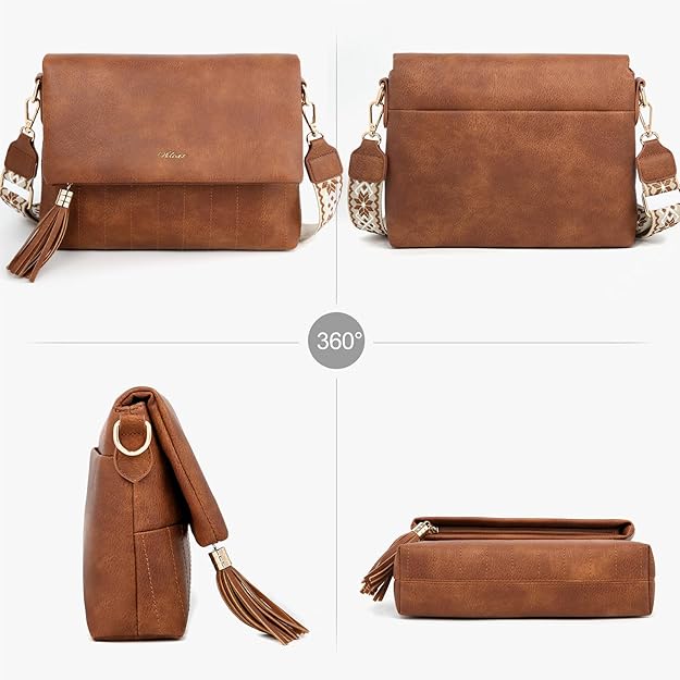 HILAEX Leather Crossbody Bag for Women Shoulder Handbag Multiple Pockets Adjustable Guitar Strap Tassel Trendy Travel