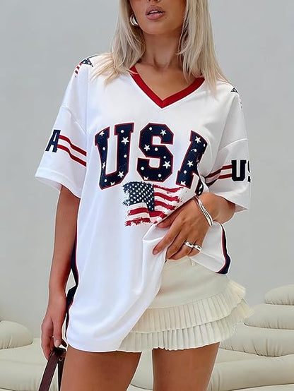 LUKYCILD USA Jersey Shirts for Women Oversized Patriotic Tshirt 4th of July Outfits American Flag Graphic Tee V Neck Y2K Tops