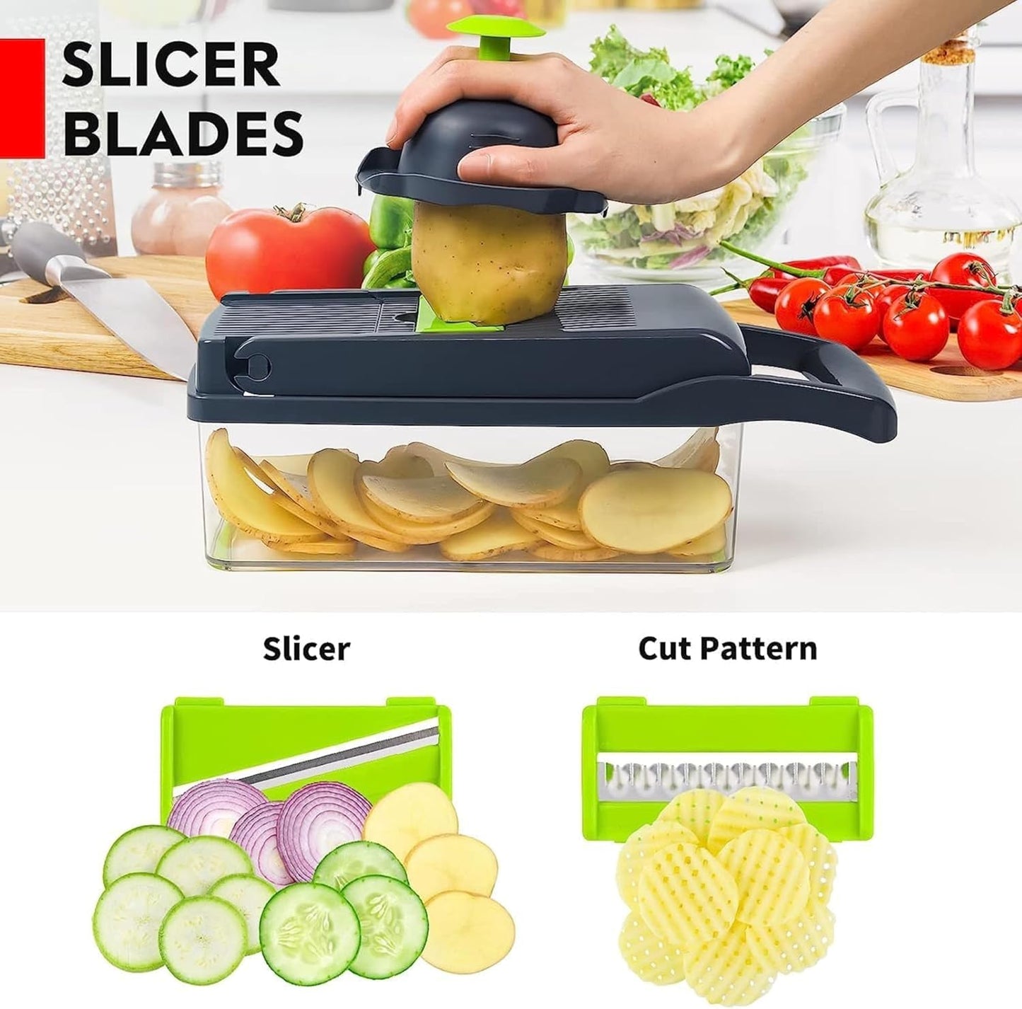 Big Kitchen Vegetable Chopper 16-in-1 Pro Onion & Food Slicer Dicer Veggie Cutter with 11 Blades & Container Kitchen Utensil Set for Cooking & Meal Prep Useful Gadget for New Homeowners