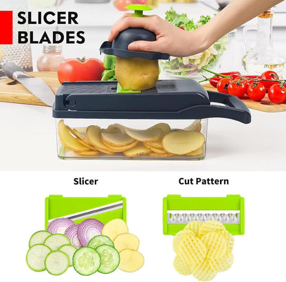 Big Kitchen Vegetable Chopper 16-in-1 Pro Onion & Food Slicer Dicer Veggie Cutter with 11 Blades & Container Kitchen Utensil Set for Cooking & Meal Prep Useful Gadget for New Homeowners