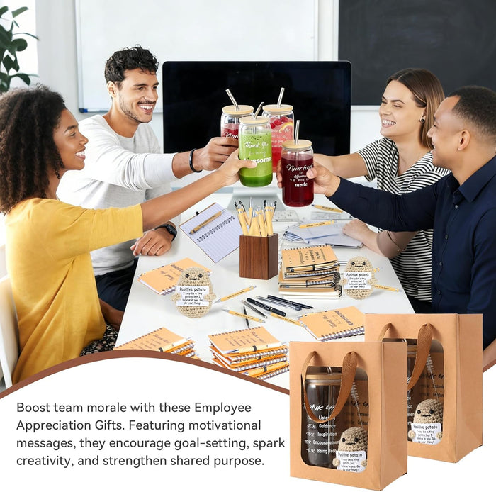 42 Pcs/6 Sets Employee appreciation gifts bulk - Includes 16oz glass cups with bamboo lid, Positive crochet, Kraft paper gift bags & straw - Thank you gifts for coworkers, Teachers, Staff & Team