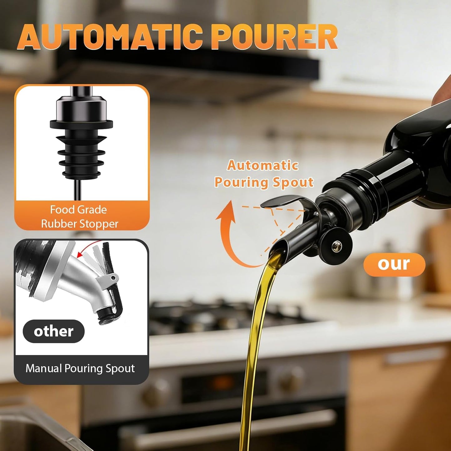 Oil and Vinegar Dispenser Set of 2, 17oz/500ml Extra Thick Glass Oil & Vinegar Cruet with Stainless Steel Pourer, Leak‑Proof Spout, Funnel & Cleaning Brush for Kitchen Cooking (Black)