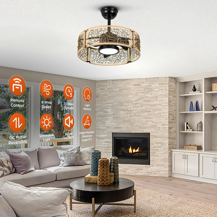 TALOYA 20 Inch Caged Ceiling Fans with Lights Chandelier Remote Control Flush Mount Low Profile for Bedroom Living Room Patio,Reversible,Buzzer Mute,Dimmable Led Light Included,Fandelier,Oak