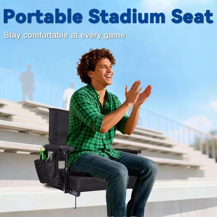 Romswi 2 Pack Stadium Seats with Back Support & Armrests, 2.8" Padded Bleacher Chairs with Cup Holders & Hooks, Portable Folding Stadium Chairs for Bleachers, Football Games & Outdoor Events, Black