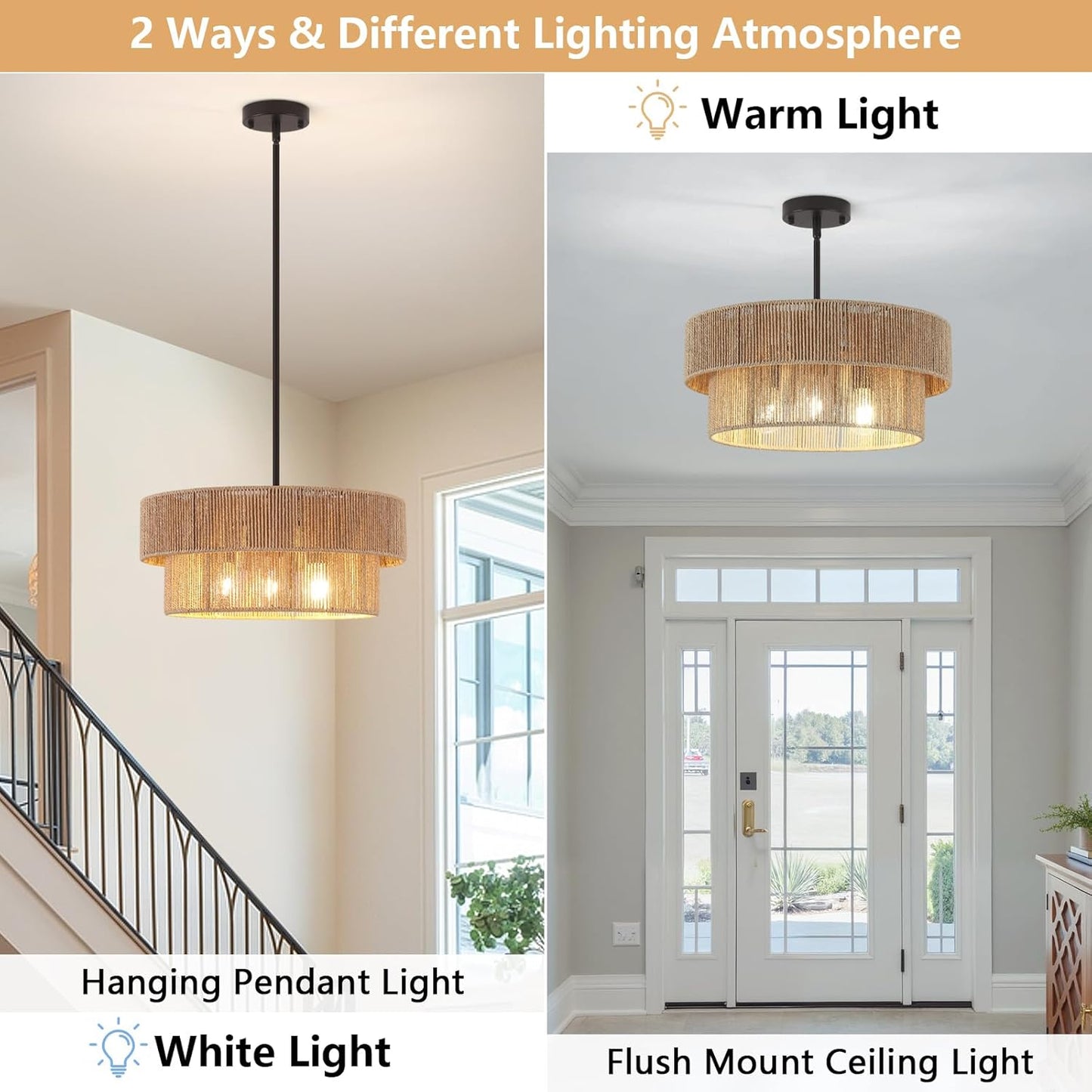 ZGKUYD Brown Boho Woven Rattan Chandelier, Adjustable Black Rod 2-Tier Drum Hanging Light, Brown Pendant Light for Dining Room/Kitchen Island