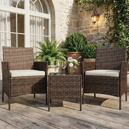 3PCS Outdoor Patio Bistro Set, PE Rattan Wicker Armchairs with Water-Resistant Cushions & Tempered Glass Coffee Table, All-Weather Conversation Set for Garden, Backyard, Porch, Poolside, Brown/Beige
