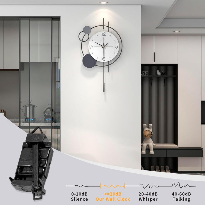 JTWALCLOCK Decorative Wall Clock for Living Room Decor Large Modern Black Metal Wall Clock with Pendulum Battery Operated Non Ticking 15 Inch Big Silent Clock for Kitchen Office Bedroom Home Decor