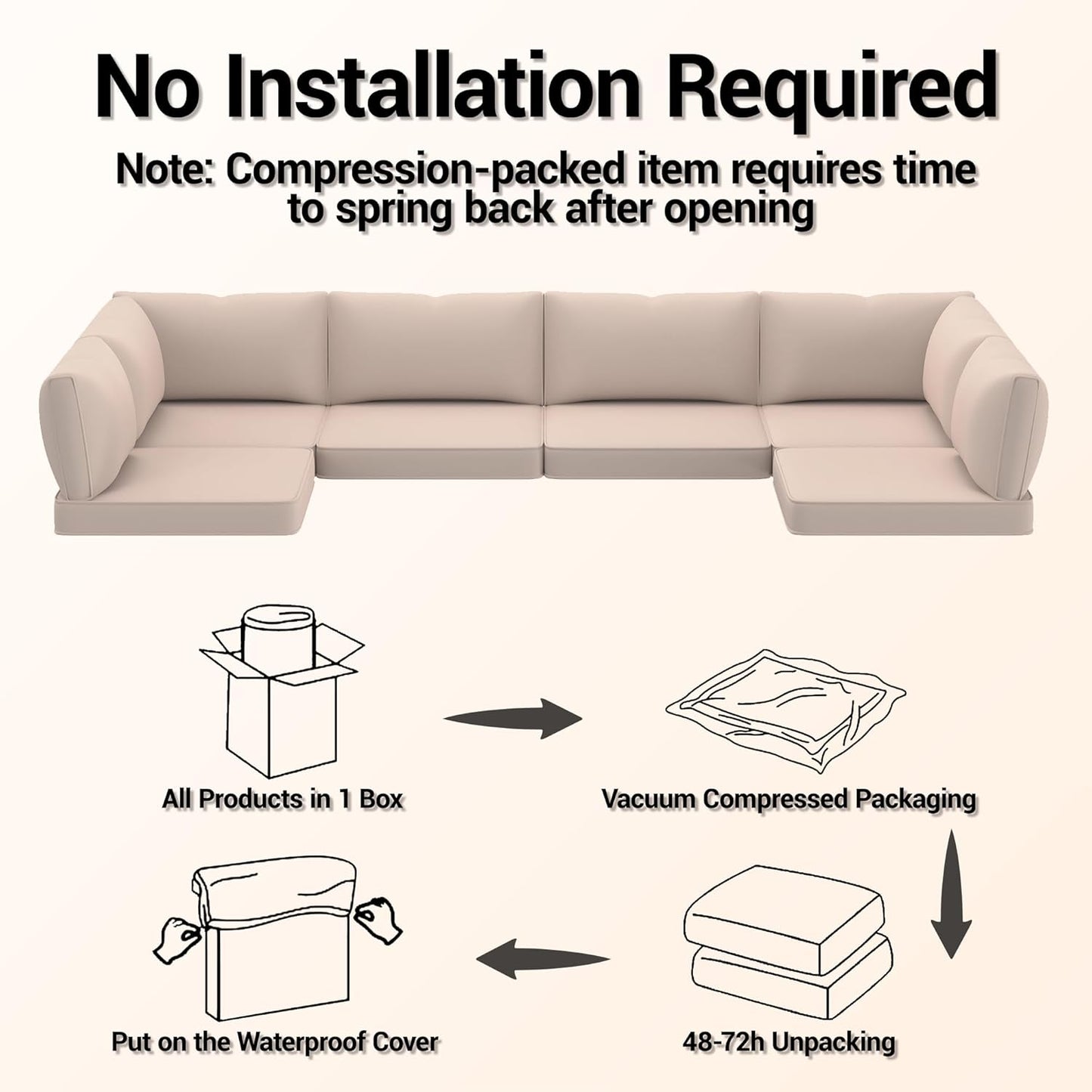 14-Piece Outdoor Replacement Cushions for Patio Furniture, Deep Seat Cushions for 6-Seat Sectional Rattan Sofa, Water-Resistant Couch Cushion Set with Non-Slip Backing, Cream White