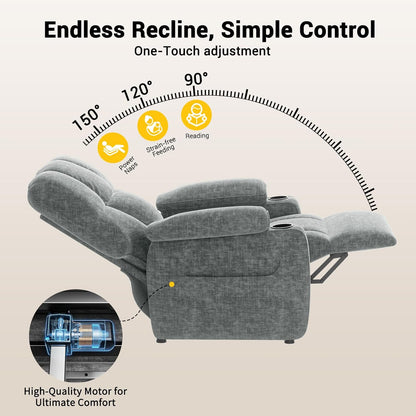 Amada Power Recliner Chair for Adults, Infinite Adjustable Chenille Electric Recliner with Cup Holder, USB Port, Side Pockets & Remote, Thick Seat Cushion, Reclining Chair for Living Room & Bedroom