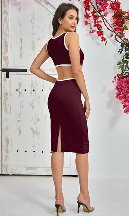 Women's Side Cut Outs Sleeveless Bodycon Dress Ribbed Knit Midi Formal Club Wedding Guest Date Night Dress