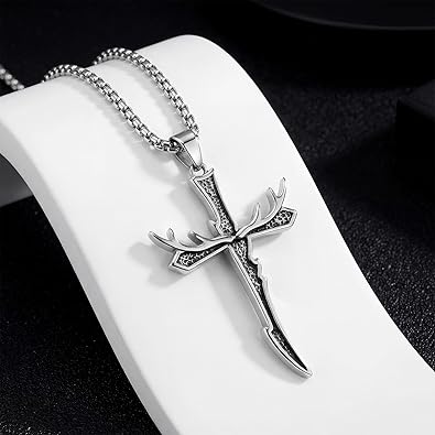 Dagger Cross Necklace for Men Stainless Steel Deer Antler Pendant Necklace Hunting Jewelry Birthday Gifts for Father Husband Brother 22+2”