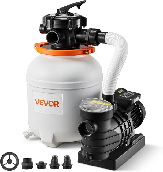VEVOR 12 in Sand Filter Pump for Above Ground Pool, 0.33 HP 3000 GPH, Swimming Pool Sand Filter Pump with Pre-Assembled Core & Leak-Resistant Design, 6-Way Valve, High-Efficiency Filtration for Pools