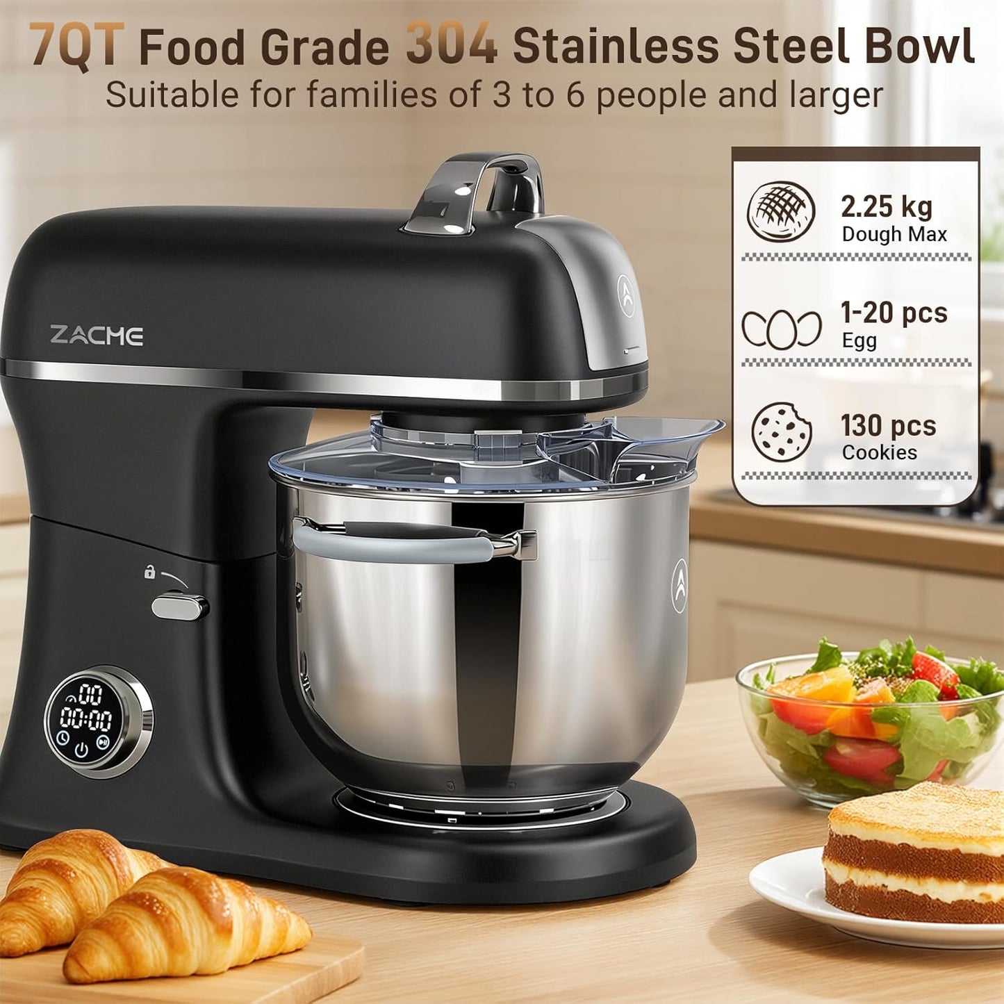 Zacme 7 Quart Stand Mixer Aluminum Die Casting, 650W 12 Speed Tilt-Head Kitchen Electric-Black Stand Mixer, Household Food Mixer with Stainless Steel Bowl, Dough Hook, Whisk and Beater (Black)