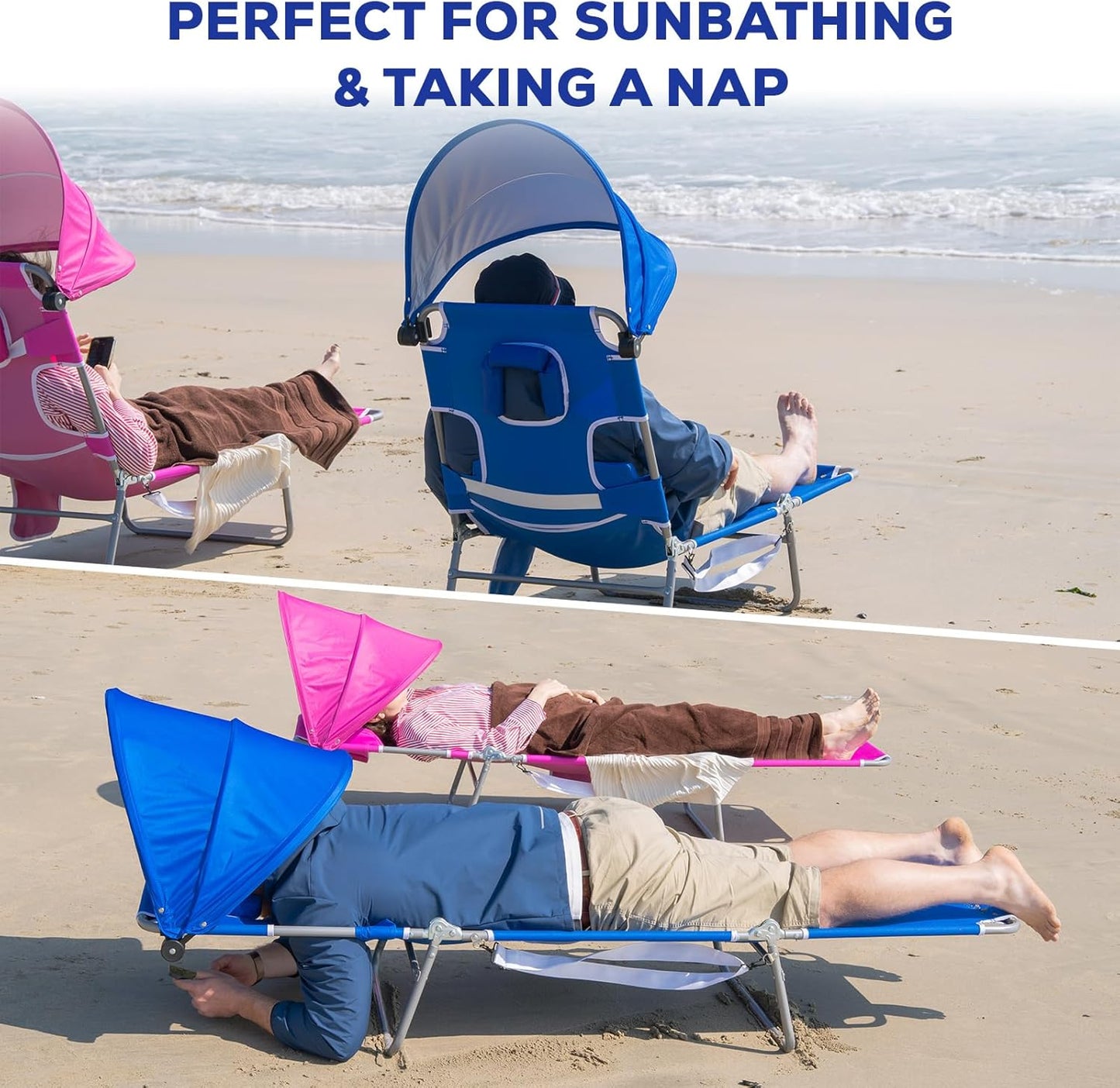 Romswi 2PK Folding Tanning Beach Chair with Face Hole & Canopy Shade, 5-Position Reclining Sun Lounger, Portable Face Down Tanning Chair with Arm Holes & Side Pocket for Beach, Pool & Patio,Royal Blue