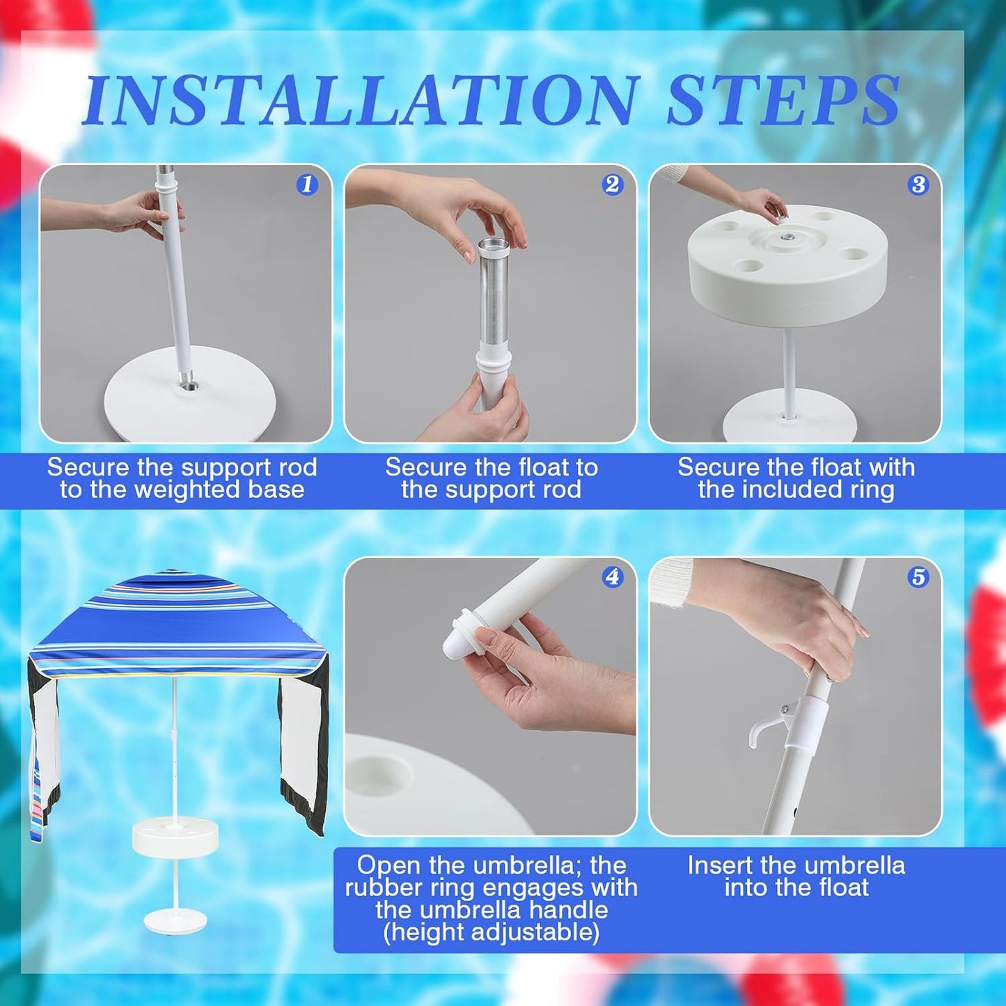 5×5ft Floating Pool Canopy for Inside of Pool Blue Stripes Swimming Tent with Floating Table for The Lake, River, Beach