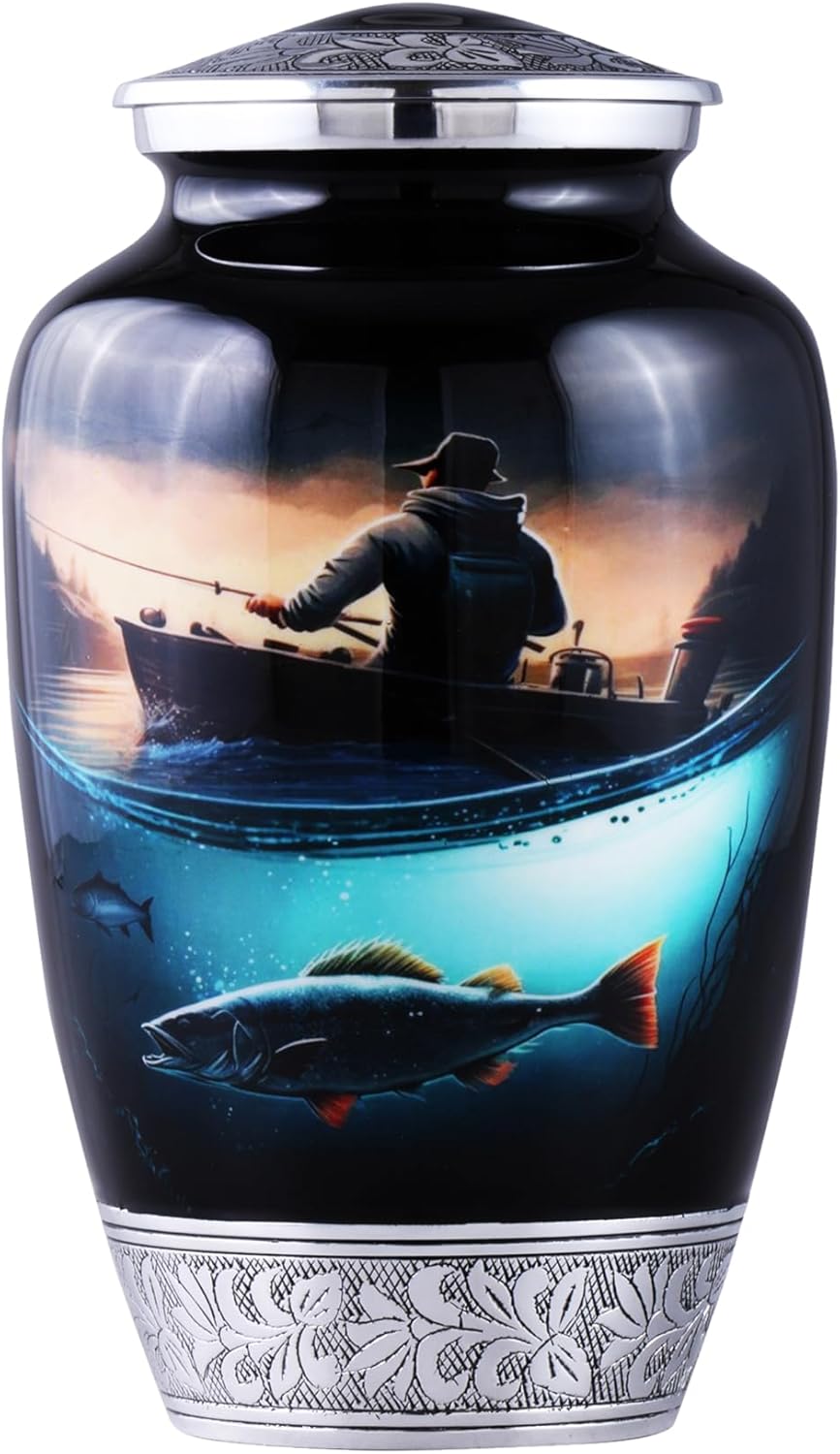 Fishing Cremation Urn for Human Ashes | Adult Cremation Urn for Ashes, Urn for Men & Women, Handmade Funeral Urns with Velvet Bag 200cubic Inch. (Black Engraved, Adult)