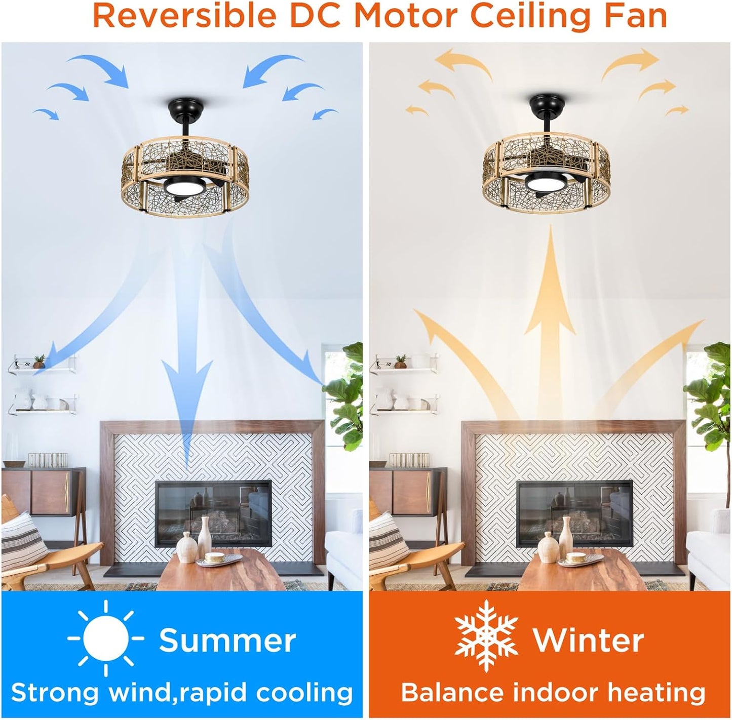 TALOYA 20 Inch Caged Ceiling Fans with Lights Chandelier Remote Control Flush Mount Low Profile for Bedroom Living Room Patio,Reversible,Buzzer Mute,Dimmable Led Light Included,Fandelier,Oak