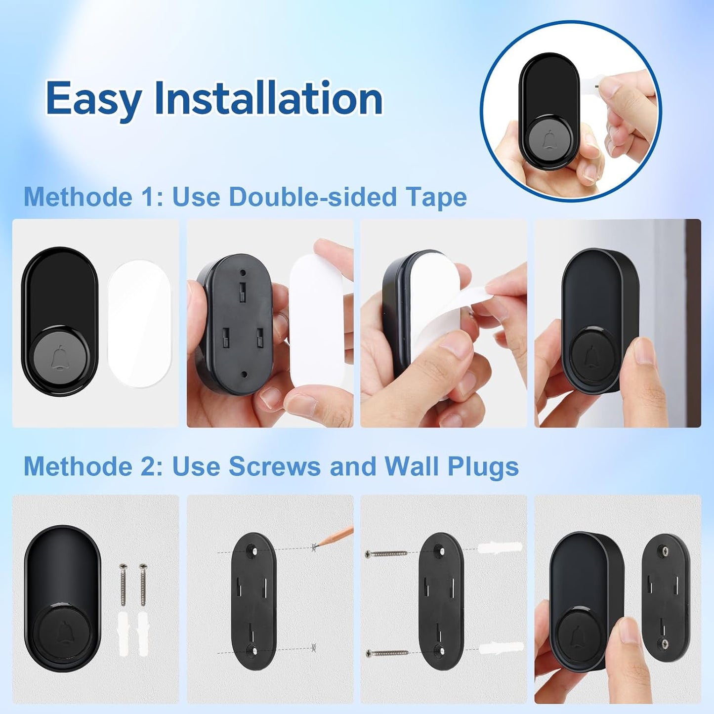 Wireless Bell 1 Transmitters 1 Receivers, Bell Front Door Radio Set, 400 m / 1300 ft Range, 58 Melodies, IP55 Outdoor Waterproof for Garden, Home, Office