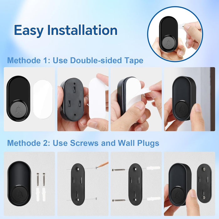 Wireless Bell 1 Transmitters 1 Receivers, Bell Front Door Radio Set, 400 m / 1300 ft Range, 58 Melodies, IP55 Outdoor Waterproof for Garden, Home, Office