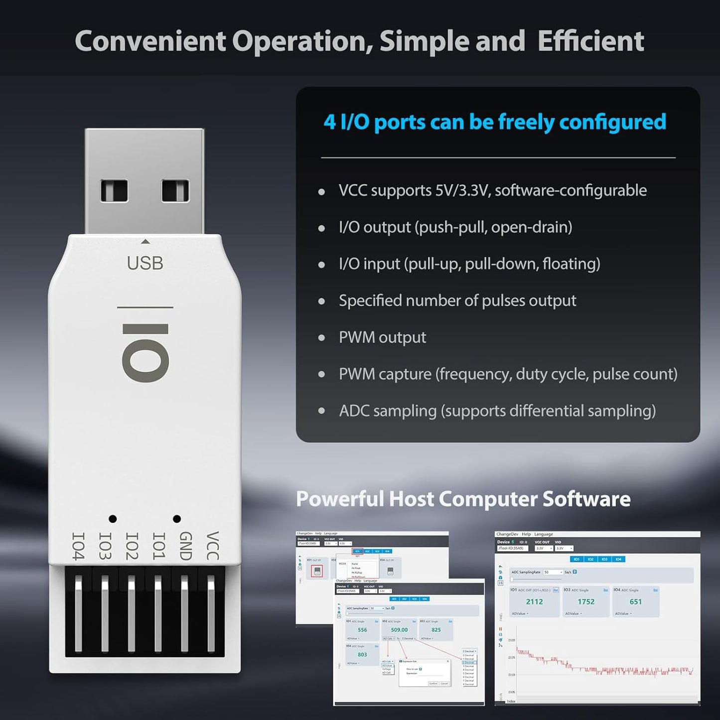 JIO Module USB to IO Debug Module,USB to PWM ADC IO Tool, 12-bit ADC, 4-Channel IO, Windows Compatible,Comes with English User Manual,Software,CMD Command,Dll for C#,Python Development