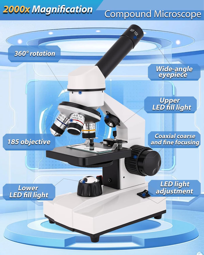 Compound Microscope, 2000x Magnification, with Smartphone Adapter, Slide Set, Dual LED Illumination System, Adult Microscope, Suitable for Beginners and Laboratory use (Compound Microscope)