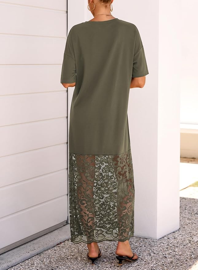 LOLONG Womens Short Sleeve Lace Patchwork Maxi Dress Summer 2026 Crew Neck Casual Long Dresses