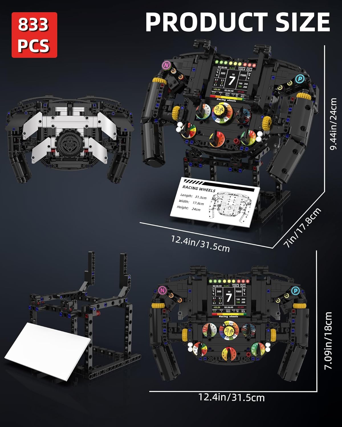 Racing Simulator Steering Wheel Building Set – for Adults & Racing Simulator Enthusiasts, with Moving Parts, for Racing Fans, Home and Office Decoration (833PCS)