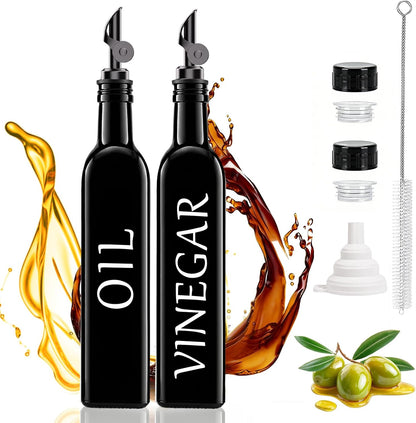 Oil and Vinegar Dispenser Set of 2, 17oz/500ml Extra Thick Glass Oil & Vinegar Cruet with Stainless Steel Pourer, Leak‑Proof Spout, Funnel & Cleaning Brush for Kitchen Cooking (Black)