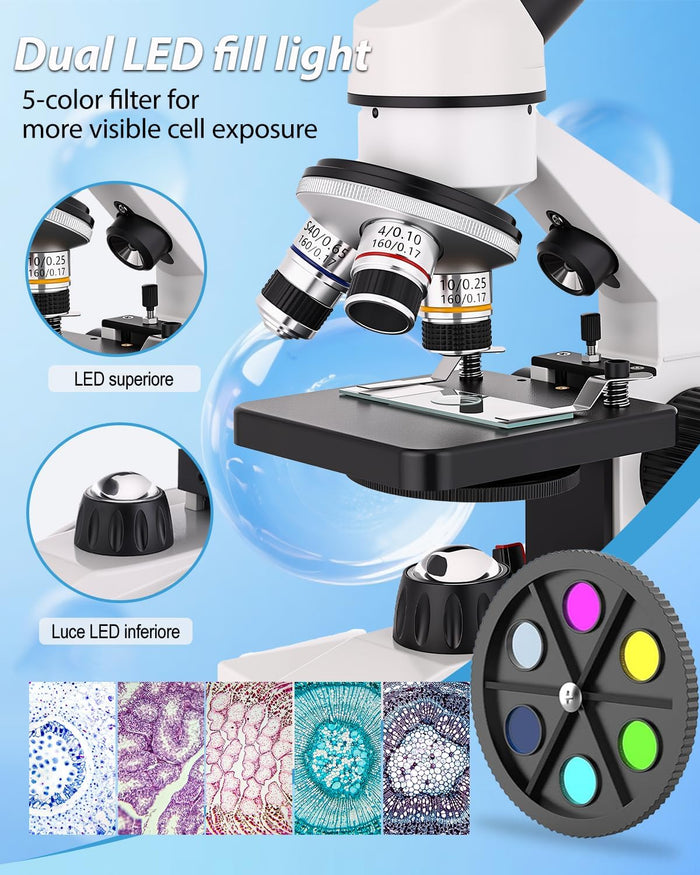 Compound Microscope, 2000x Magnification, with Smartphone Adapter, Slide Set, Dual LED Illumination System, Adult Microscope, Suitable for Beginners and Laboratory use (Compound Microscope)