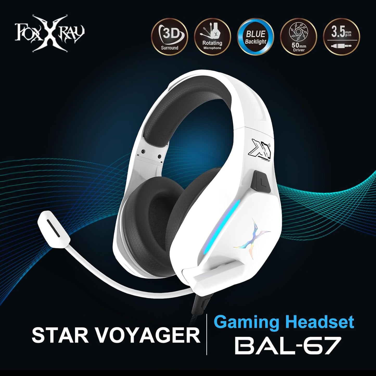 FOXXRAY BAL-67 Gaming Headset for PC, PS4, PS5, Xbox, Surround Sound Headphone with Noise Canceling Microphone, 50MM Dynamic Drivers, Wired 3.5mm Audio Jack, Breathable Mesh Ear Cushions - White