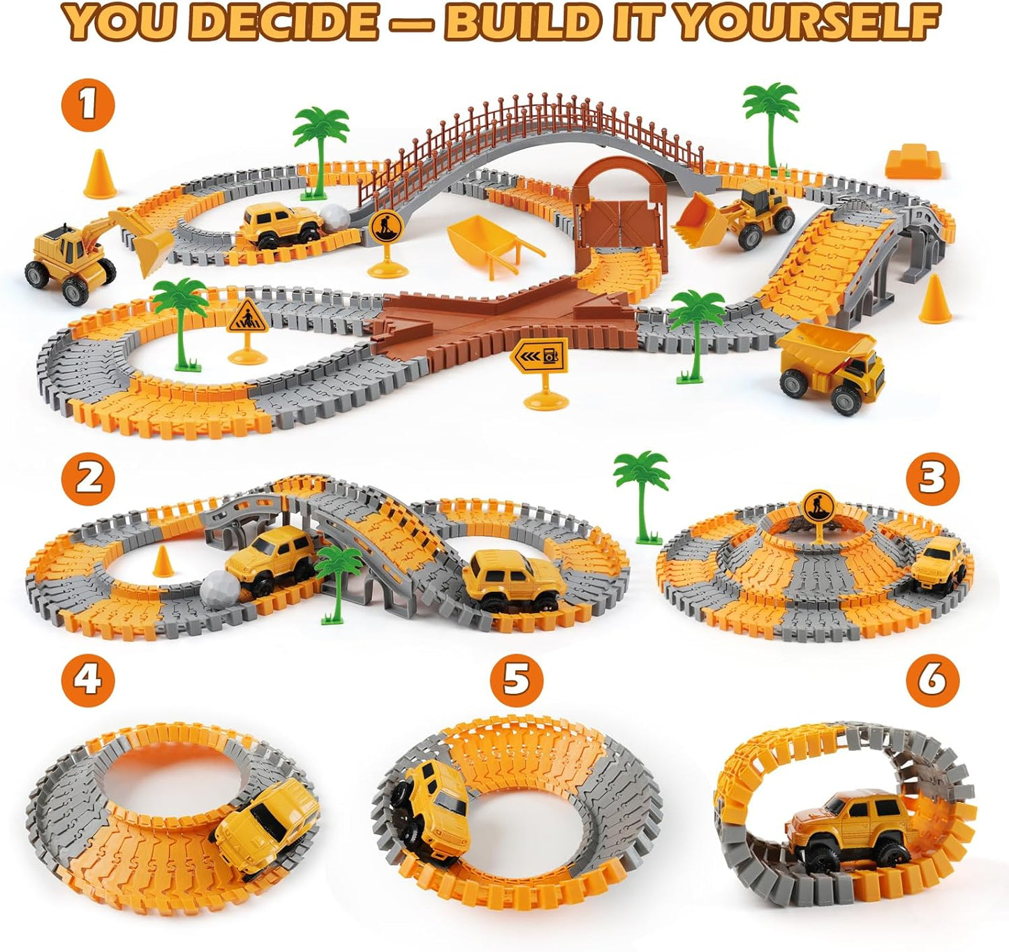 Magickidz 230+ PCS Construction Tracks Toy for Kids - DIY Engineering Building Set with Excavator, Dump Truck, Best Birthday Gift for Boys 3 4 5 6 7 Years Old, Flexible Race Car Track Playset