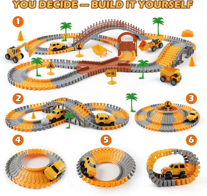 Magickidz 230+ PCS Construction Tracks Toy for Kids - DIY Engineering Building Set with Excavator, Dump Truck, Best Birthday Gift for Boys 3 4 5 6 7 Years Old, Flexible Race Car Track Playset